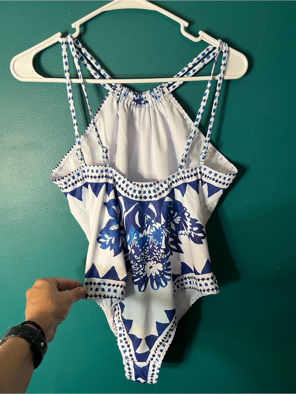 Womens Blue Floral Halter One-Piece Swimsuit - Picture 3 of 3